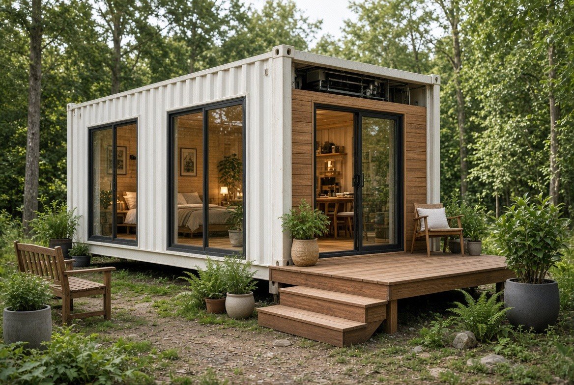 Container Homestay 20 Feet Trắng Khung Kính Không Gian Mở